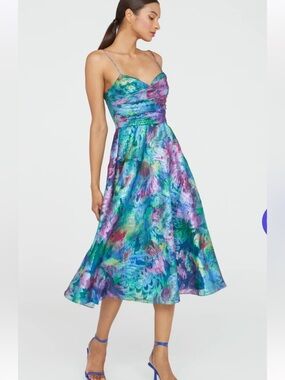 Theia Multicolor Floral-Print Midi Dress in Teal, Purple, Pink